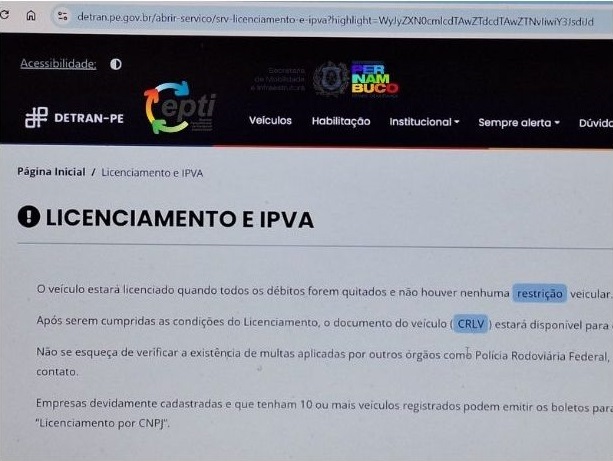 Página do site do Detran-PE